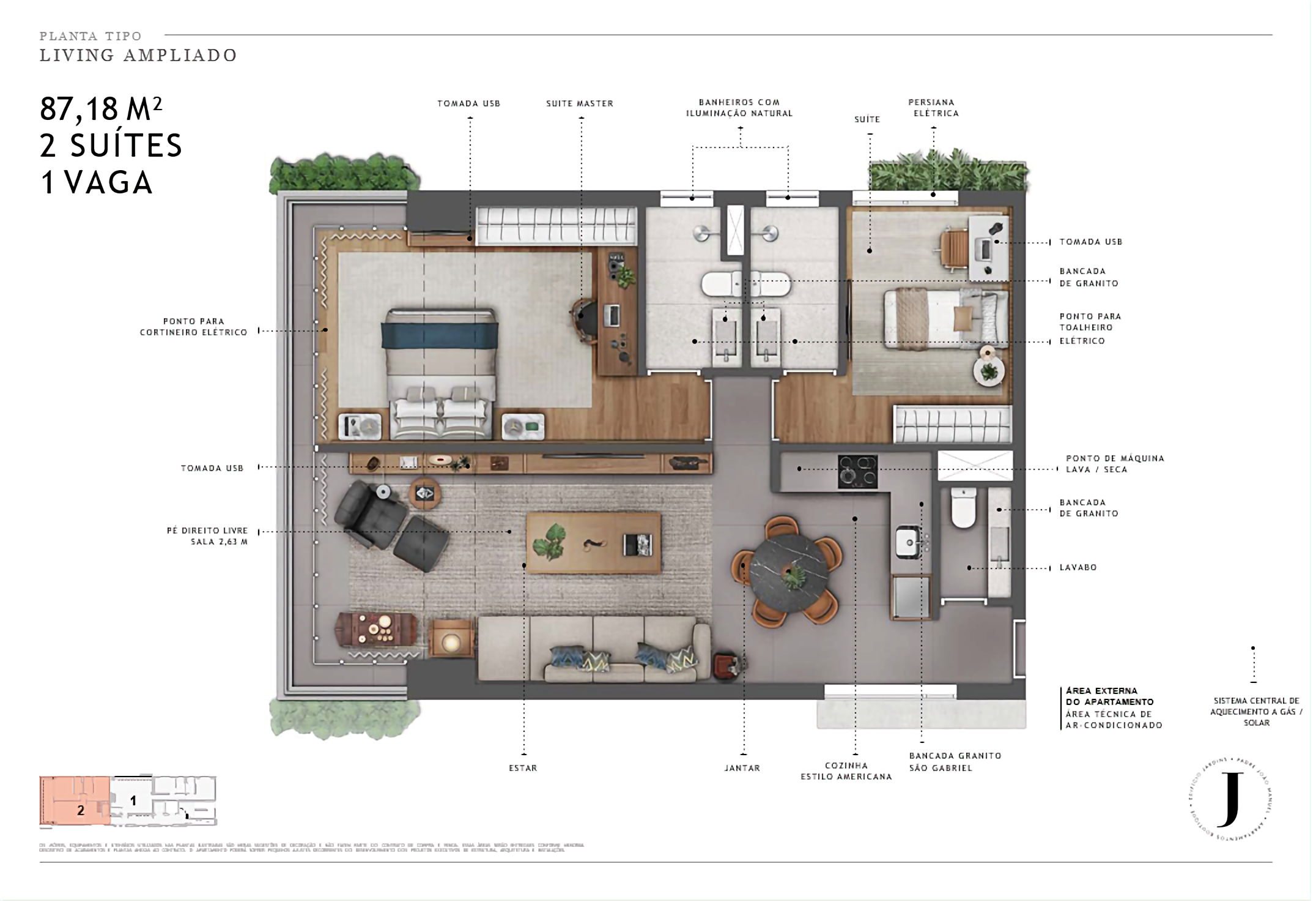 Planta 87m² - 2 suítes